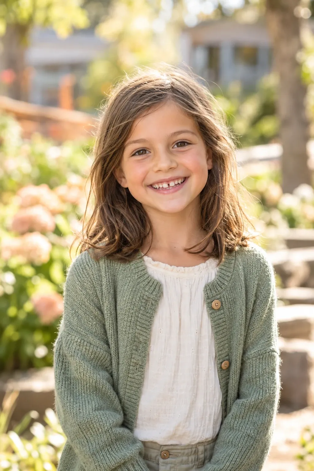 Natural school portrait of a smiling girl in a garden