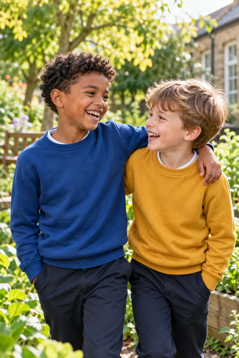 Two school friends laughing together in a garden