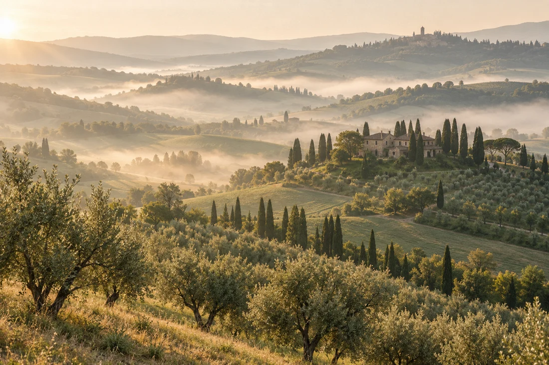 Warm sunlight falling across a quiet countryside landscape