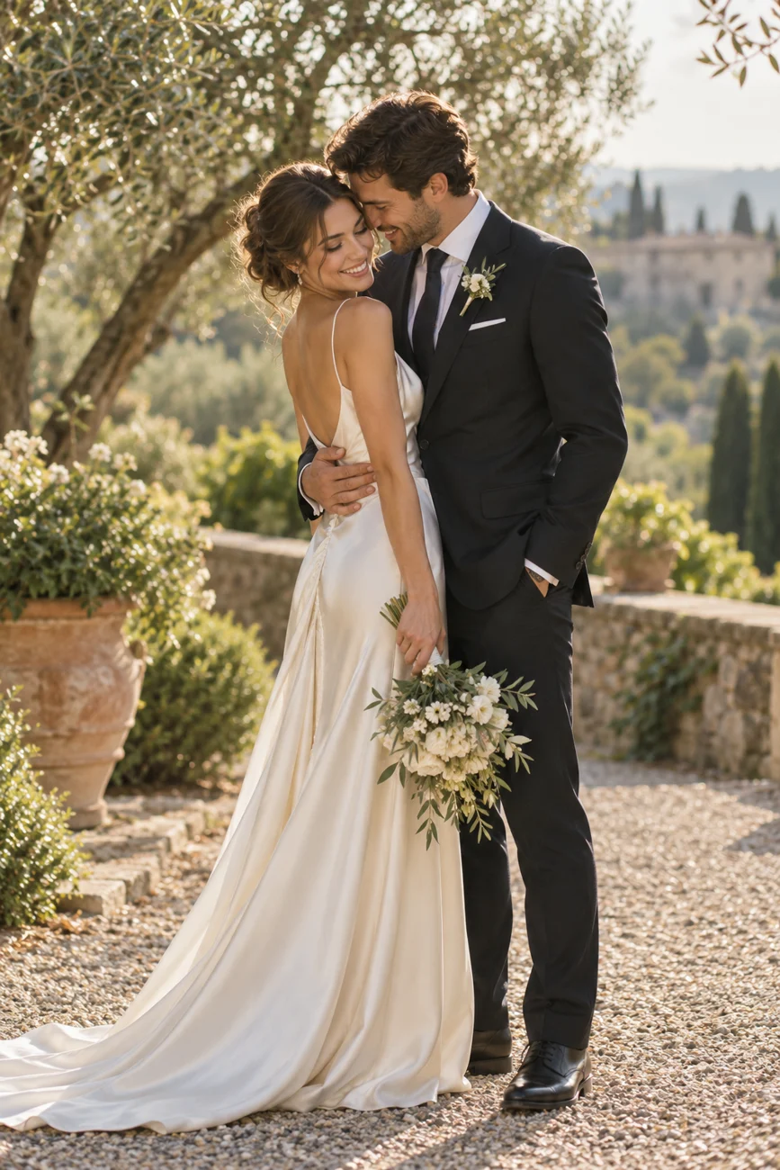 Bride and groom embracing in soft natural light