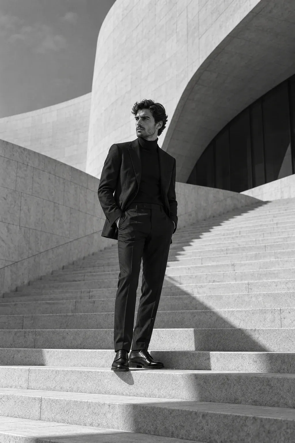Man on an architectural staircase with geometric shadows