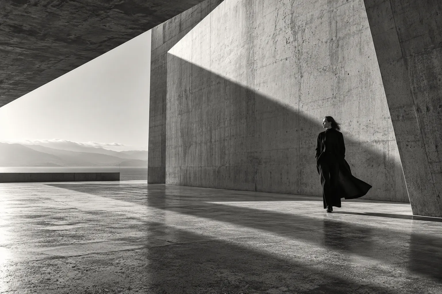 A woman in monumental architecture with dramatic sunlight and shadow