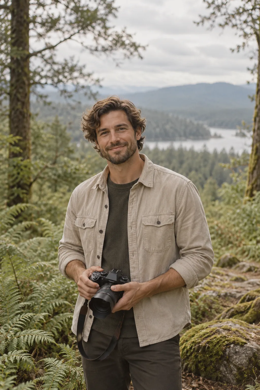 Alex, the photographer, holding a camera in a woodland clearing