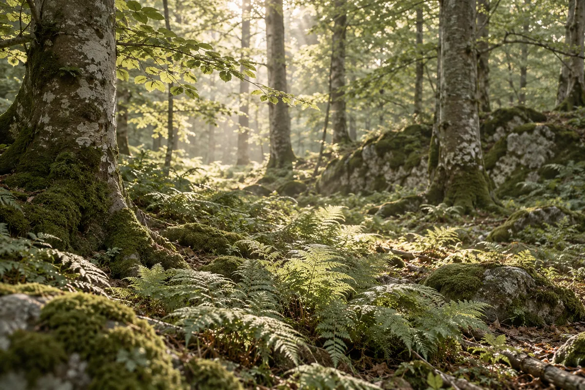 Soft daylight falling across ferns and woodland trees