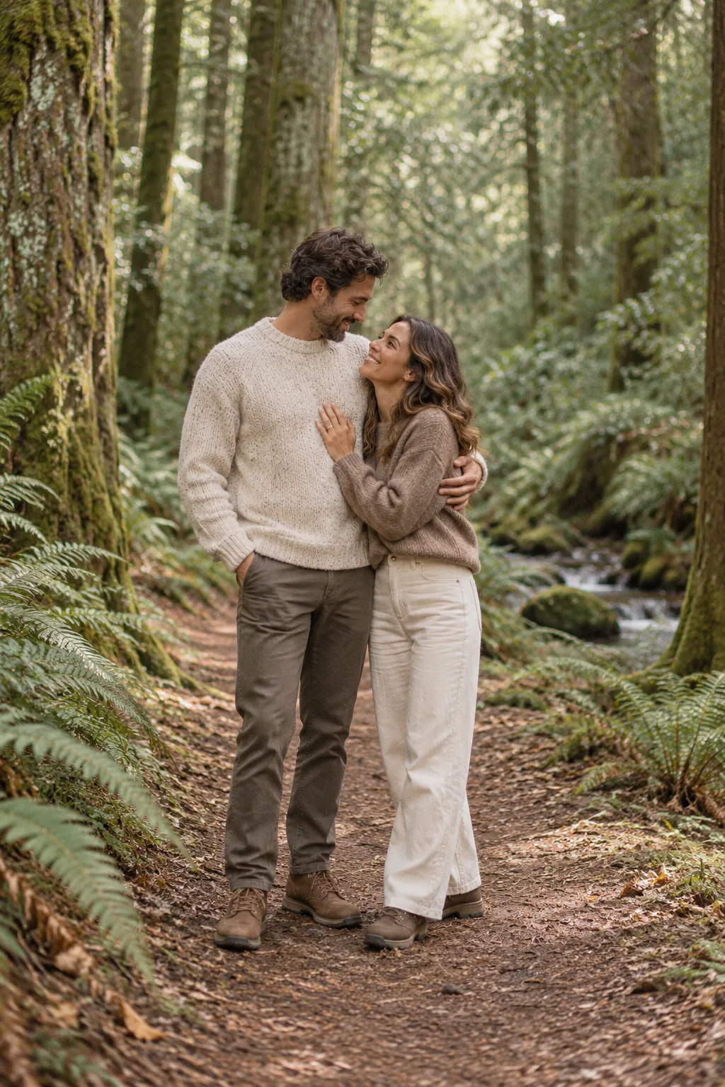 A couple embracing on a fern-lined woodland path